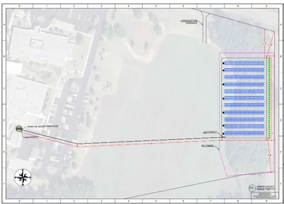 Engineered array layout showing the solar field, point of interconnection, and site boundaries