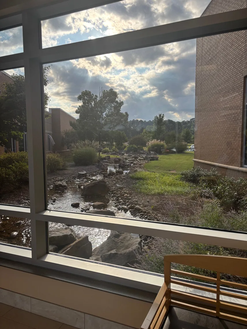 View from inside the hospital looking out onto a landscaped stream and green space
